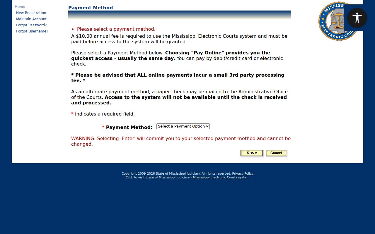 Jones County docket search PAMEC payment method page