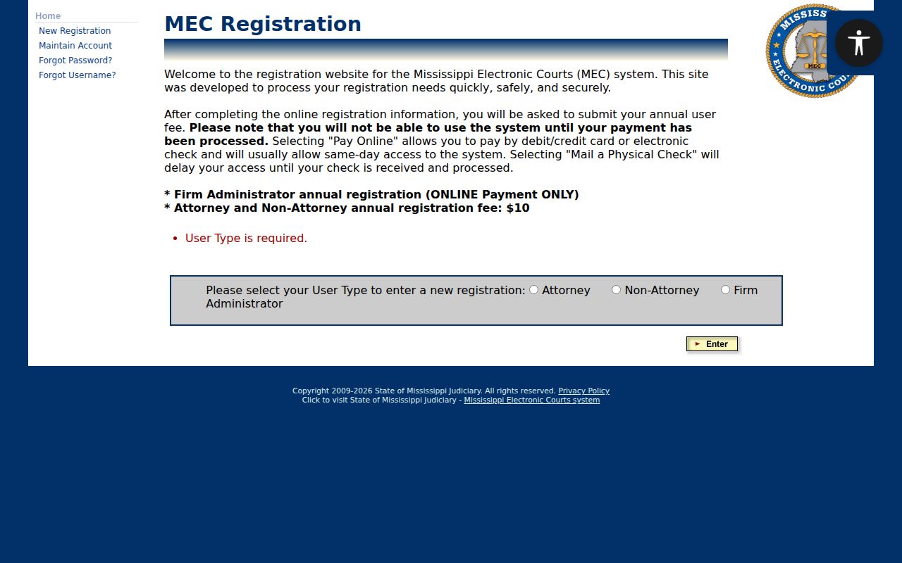 Jones County civil docket PAMEC public user registration choices