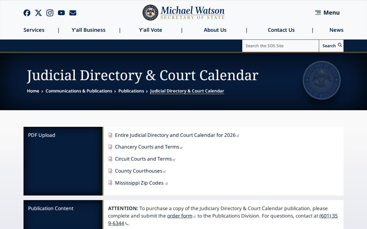 Jones County court calendar Secretary of State judicial directory page