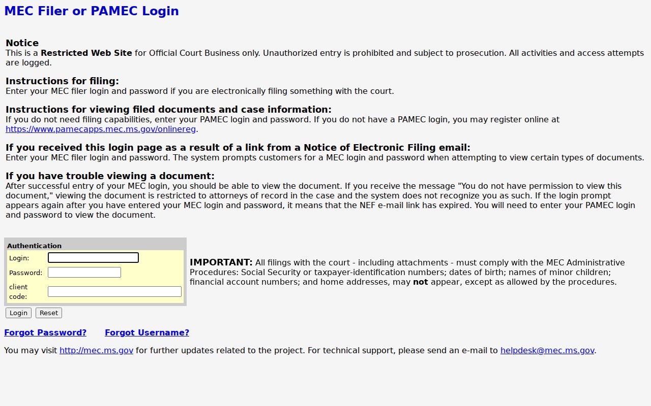 Jones County criminal docket PAMEC login and access restriction notice