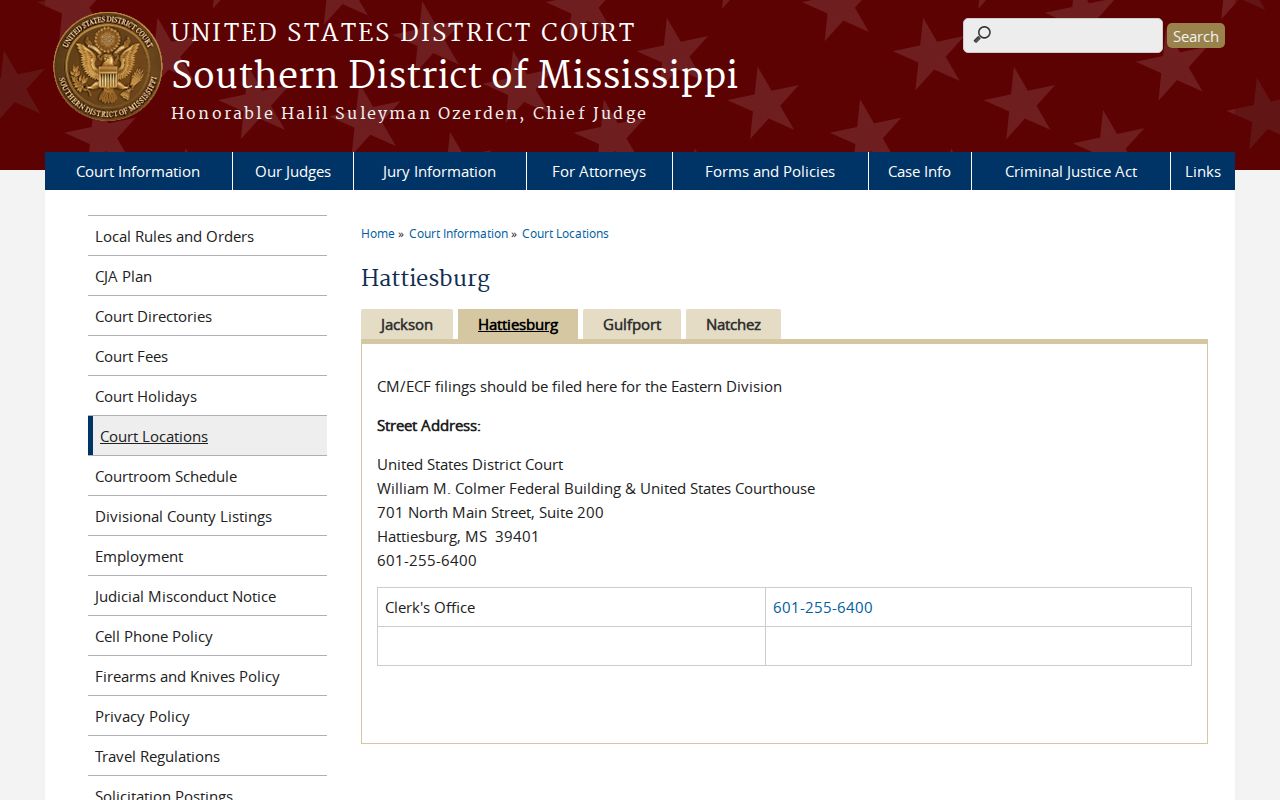 Soso court records Hattiesburg federal CM ECF and clerk location