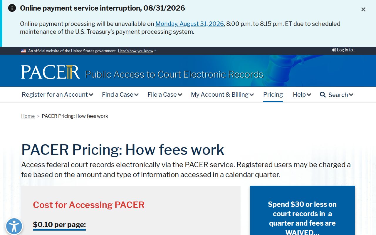 Soso court records federal PACER pricing information